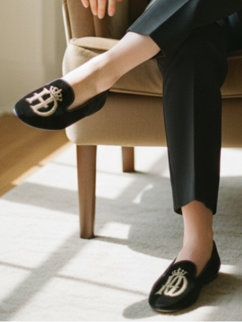Castaner Black Velvet Loafers Gold Monogram Size 39